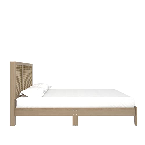 Galano Ozzie Doppelbett, stilvolles Rattandesign für Holzbettrahmen mit Kopfteil, stabiler Bettrahmen für Erwachsene mit Holzlattenunterstützung