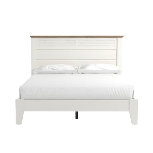 Galano Milan Double Bed - Stylish Wooden Bedframe with Mirrored Headboard - Sturdy Bedframe for Adult - Wood Slat Support - Easy Assembly – Bedroom Furniture (Ivory/Oak)