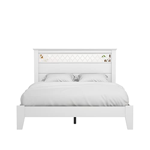 Galano Amanda Double Bed - Stylish Wooden Bedframe with Mirrored Headboard - Sturdy Bedframe for Adult - Wood Slat Support - Easy Assembly – Bedroom Furniture (Cool Grey)