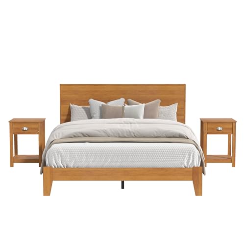 Galano Payne Queen Size Bed Frame with Headboard & 2 Set of Nightstands, Mattress Foundation with Wood Slat Support, No Box Spring Needed, 64.17" L x 85.31" W x 40.2" H, Dusty Grey Oak