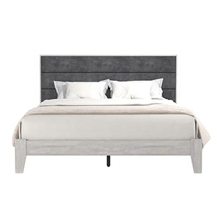 Galano Johniel Wood Platform Queen Bed Frame with Cushion Headboard, Mattress Foundation with Wood Slat Support, No Box Spring Needed, 64.17