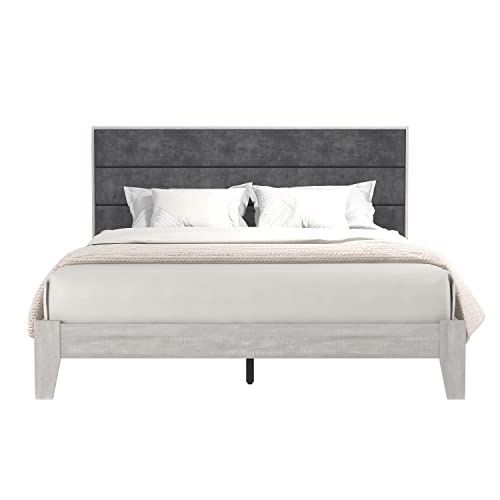 Galano Johniel Wood Platform Queen Bed Frame with Cushion Headboard, Mattress Foundation with Wood Slat Support, No Box Spring Needed, 64.17" L x 85.31" W x 40.16" H, Dusty Grey Oak