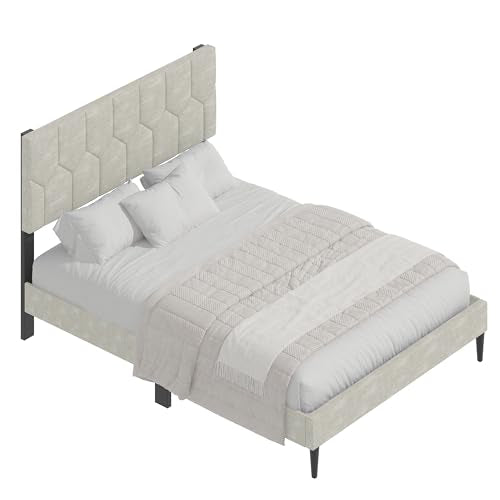 Galano Grimsby Upholstered Double Bed - Stylish Fabric Bedframe with Headboard - Sturdy Bedframe for Adult with Wooden Slat Support - Easy Assembly