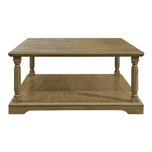 Galano Delroy Coffee Table for Living Room, 2-Tier Rustic Wood Desktop & Sturdy Legs Table Modern Design Home Furniture with Storage Shelf, Antique Oak