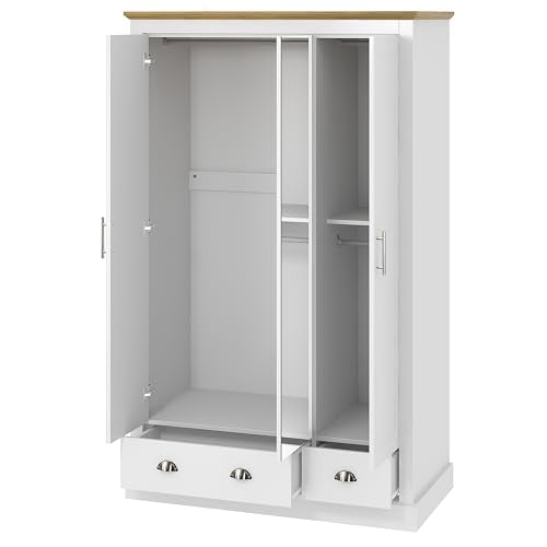 Galano Sufy 3 Door 2 Drawer Wardrobe with Mirror - Minimalist Wardrobe - Bedroom Furniture Unit with Hanging Rail Storage and Drawer - Wardrobe Storage - W112.5 x D56.3 x H181.5cm (White)