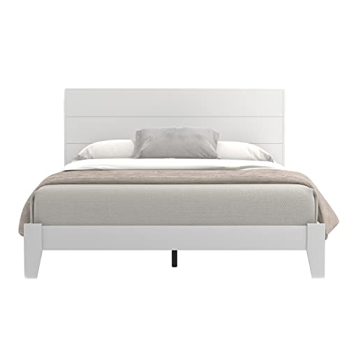 Galano Payne Wood Platform Queen Bed Frame with Headboard, Mattress Foundation with Wood Slat Support, No Box Spring Needed, 64.17" D x 85.31" W x 40.15" H, White