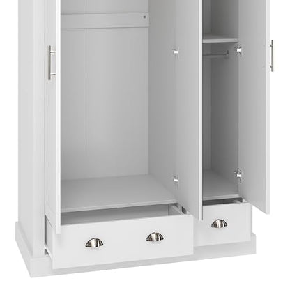 Galano Sufy 3 Door 2 Drawer Wardrobe with Mirror - Minimalist Wardrobe - Bedroom Furniture Unit with Hanging Rail Storage and Drawer - Wardrobe Storage - W112.5 x D56.3 x H181.5cm (White)