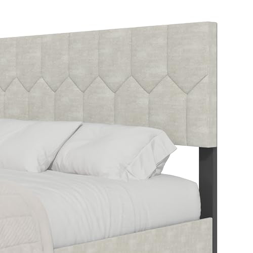 Galano Grimsby Upholstered Double Bed - Stylish Fabric Bedframe with Headboard - Sturdy Bedframe for Adult with Wooden Slat Support - Easy Assembly