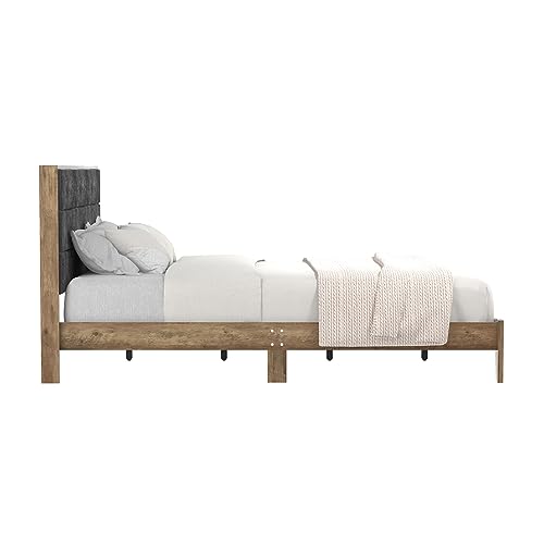 Galano Johniel Queen Size Bed Frame with Cushioned Headboard, Wooden Slats Support, Mattress Foundation & No Box Spring Needed, 64.17" L x 85.31" W x 40.16" H, Knotty Oak