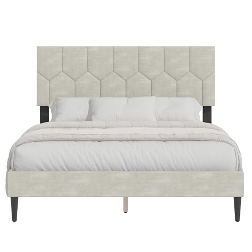 Galano Grimsby Upholstered Double Bed - Stylish Fabric Bedframe with Headboard - Sturdy Bedframe for Adult with Wooden Slat Support - Easy Assembly