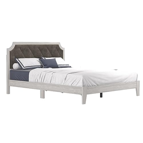 Galano Annifer Queen Platform Bed Frame with Cushioned Upholstered Headboard & Wooden Slats Support, Mattress Foundation, No Box Spring Needed, 62.99" D x 84.49" W x 41.54" H, Dusty Grey Oak