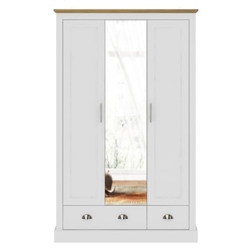 Galano Sufy 3 Door 2 Drawer Wardrobe with Mirror - Minimalist Wardrobe - Bedroom Furniture Unit with Hanging Rail Storage and Drawer - Wardrobe Storage - W112.5 x D56.3 x H181.5cm (White)