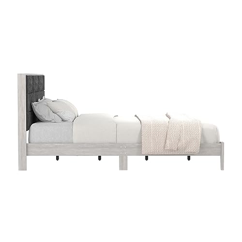 Galano Johniel Wood Platform Queen Bed Frame with Cushion Headboard, Mattress Foundation with Wood Slat Support, No Box Spring Needed, 64.17" L x 85.31" W x 40.16" H, Dusty Grey Oak