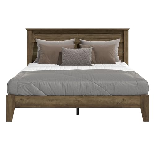 Galano Tiena Louvered Wood Platform Queen Bed Frame with Headboard, Mattress Foundation with Wood Slat Support, No Box Spring Needed, 65.75" D x 85.35" W x 40.16" H, Knotty Oak