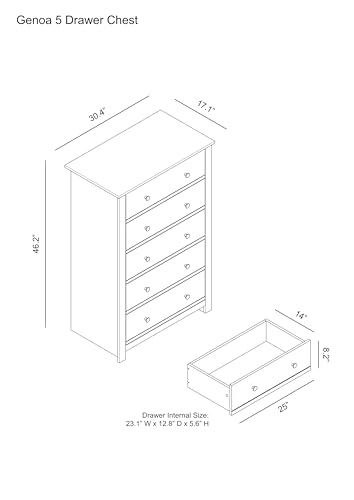 Galano Genoa Kommode mit 5 Schubladen, Holzkommode mit großem Stauraum, Kommode, modernes Schlafzimmermöbel-Design, 17,13" T x 30,39" B x 46,22" H, Staubgraue Eiche