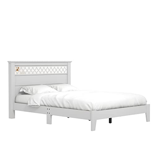 Galano Amanda Double Bed - Stylish Wooden Bedframe with Mirrored Headboard - Sturdy Bedframe for Adult - Wood Slat Support - Easy Assembly – Bedroom Furniture (Cool Grey)