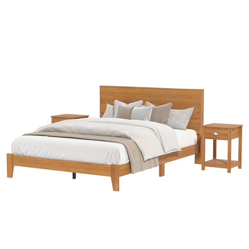 Galano Payne Queen Size Bed Frame with Headboard & 2 Set of Nightstands, Mattress Foundation with Wood Slat Support, No Box Spring Needed, 64.17" L x 85.31" W x 40.2" H, Dusty Grey Oak