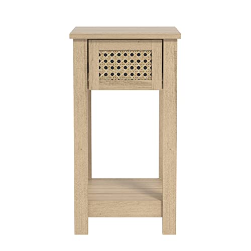 Galano Gio Bedside Table - Stylish Bedside with Rattan Effect - Slim Bedside Table - Side Table with Storage - Organizers and Storage Cabinet for Hallway - Entryway or Bedroom - Oslo Oak