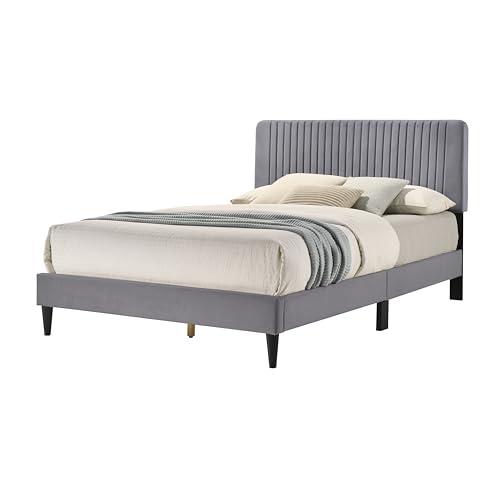 Galano Newry Upholstered Double Bed - Stylish Fabric Bedframe with Headboard - Sturdy Bedframe for Adult with Wooden Slat Support - Easy Assembly (Grey)