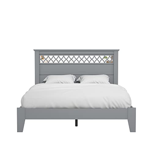 Galano Amanda Double Bed - Stylish Wooden Bedframe with Mirrored Headboard - Sturdy Bedframe for Adult - Wood Slat Support - Easy Assembly – Bedroom Furniture