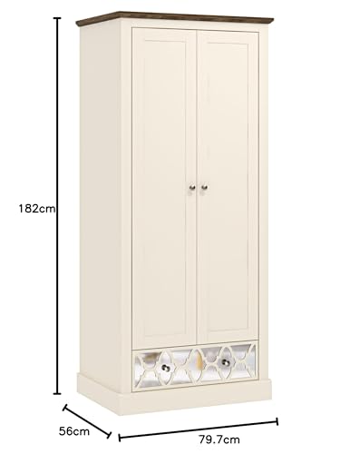 Galano Sufly 2 Door 1 Drawer Wardrobe - Bedroom Furniture Unit with Hanging Rail Storage and Drawer, Wardrobe Storage Organiser (Ivory/Oak)