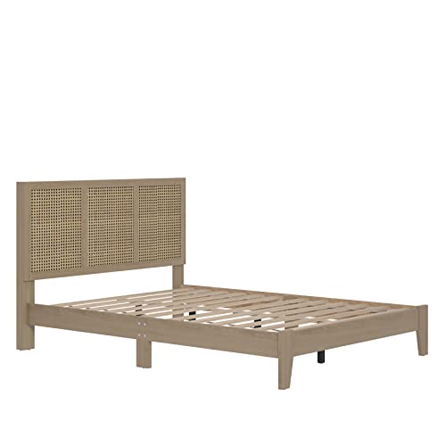 Galano Ozzie Double Bed, Stylish Rattan Design for Wooden Bedframe with Headboard, Sturdy Bedframe for Adult with Wood Slat Support