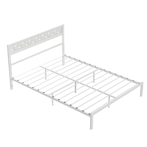 Galano Candence Calico Queen Metal Platform Bed Frame, Steel Slat Support, No Box Spring Needed, Easy Assembly, White