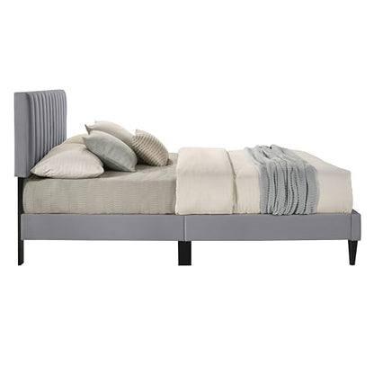 Galano Newry Upholstered Double Bed - Stylish Fabric Bedframe with Headboard - Sturdy Bedframe for Adult with Wooden Slat Support - Easy Assembly (Grey)