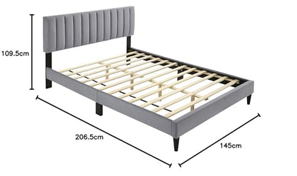 Galano Newry Upholstered Double Bed - Stylish Fabric Bedframe with Headboard - Sturdy Bedframe for Adult with Wooden Slat Support - Easy Assembly (Grey)