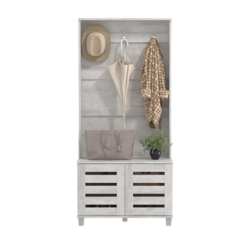 Galano Calidia Cizens Hall Tree - Entryway Bench With Coat Rack, Open Shelf and Shoe Cabinet - Shoe Storage With Coat Hooks - Shoe Cubby for Shoes - Ivory Knotty Oak