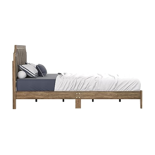 Galano Annifer Wood Platform Queen Bed Frame with Cushion Headboard, Mattress Foundation with Wood Slat Support, No Box Spring Needed, 62.99" L x 84.49" W x 41.54" H, Knotty Oak