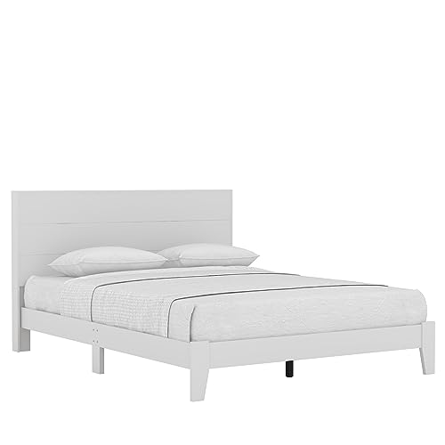 Galano Payne Wood Platform Queen Bed Frame with Headboard, Mattress Foundation with Wood Slat Support, No Box Spring Needed, 64.17" D x 85.31" W x 40.15" H, White