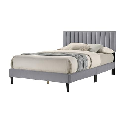 Galano Newry Upholstered Double Bed - Stylish Fabric Bedframe with Headboard - Sturdy Bedframe for Adult with Wooden Slat Support - Easy Assembly (Grey)