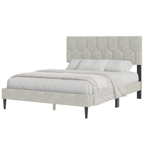 Galano Grimsby Upholstered Double Bed - Stylish Fabric Bedframe with Headboard - Sturdy Bedframe for Adult with Wooden Slat Support - Easy Assembly