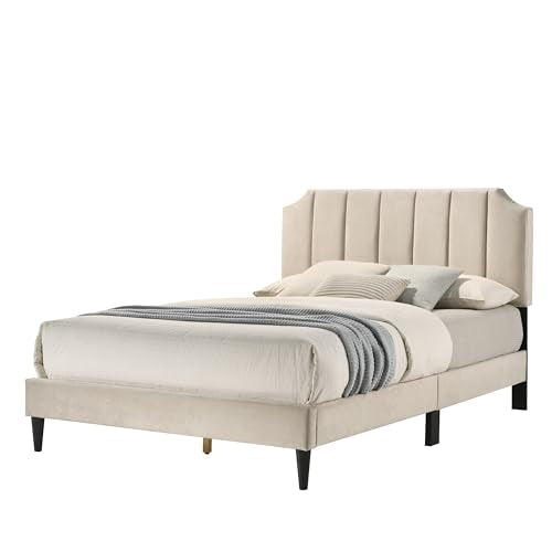 Galano Upholstered Double Bed - Stylish Fabric Bedframe with Headboard - Sturdy Bedframe for Adult with Wooden Slat Support - Easy Assembly