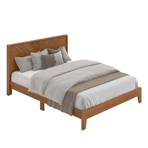 Galano Weiss Clara Queen-Bettrahmen mit Kopfteil, Matratzenunterlage mit Holzlattenunterstützung, kein Boxspring erforderlich, 64,49" L x 85,47" B x 40,28" H, Bernstein-Walnuss