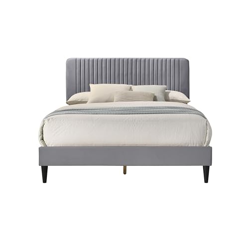 Galano Newry Upholstered Double Bed - Stylish Fabric Bedframe with Headboard - Sturdy Bedframe for Adult with Wooden Slat Support - Easy Assembly (Grey)