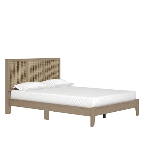 Galano Ozzie Double Bed, Stylish Rattan Design for Wooden Bedframe with Headboard, Sturdy Bedframe for Adult with Wood Slat Support