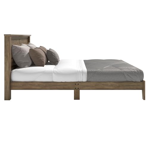 Galano Tiena Louvered Wood Platform Queen Bed Frame with Headboard, Mattress Foundation with Wood Slat Support, No Box Spring Needed, 65.75" D x 85.35" W x 40.16" H, Knotty Oak