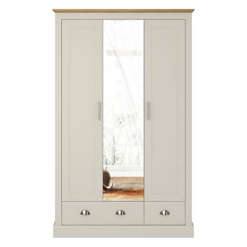 Galano Sufy 3 Door 2 Drawer Wardrobe with Mirror - Minimalist Wardrobe - Bedroom Furniture Unit with Hanging Rail Storage and Drawer - Wardrobe Storage - W112.5 x D56.3 x H181.5cm