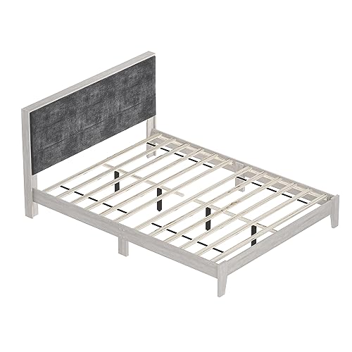 Galano Johniel Wood Platform Queen Bed Frame with Cushion Headboard, Mattress Foundation with Wood Slat Support, No Box Spring Needed, 64.17" L x 85.31" W x 40.16" H, Dusty Grey Oak