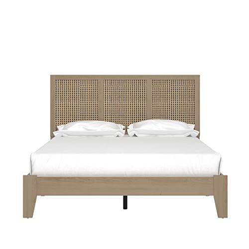 Galano Ozzie Double Bed, Stylish Rattan Design for Wooden Bedframe with Headboard, Sturdy Bedframe for Adult with Wood Slat Support