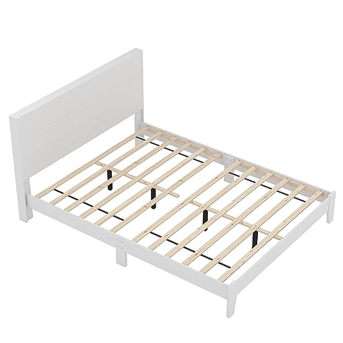 Galano Payne Wood Platform Queen Bed Frame with Headboard, Mattress Foundation with Wood Slat Support, No Box Spring Needed, 64.17" D x 85.31" W x 40.15" H, White