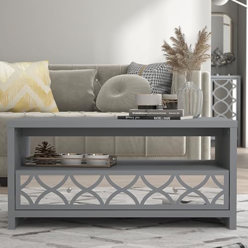 Galano Iris Coffee Table with Drawer - Modern Mirrord Effect Coffee Table - Storage Cabinet for Entryway - Foyer - Living Room - Space Saving (White)