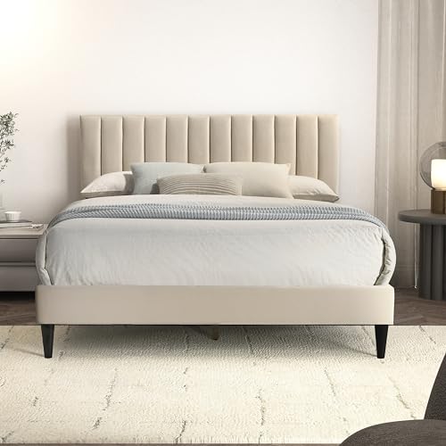 Galano Newry Upholstered Double Bed - Stylish Fabric Bedframe with Headboard - Sturdy Bedframe for Adult with Wooden Slat Support - Easy Assembly (Grey)