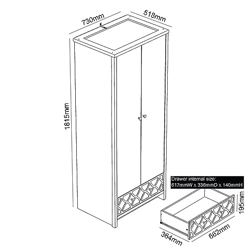 Galano Iris 2 Door 1 Drawer Wardrobe - Bedroom Furniture Unit with Hanging Rail Storage and Drawer, Wardrobe Storage Organizer - Grey