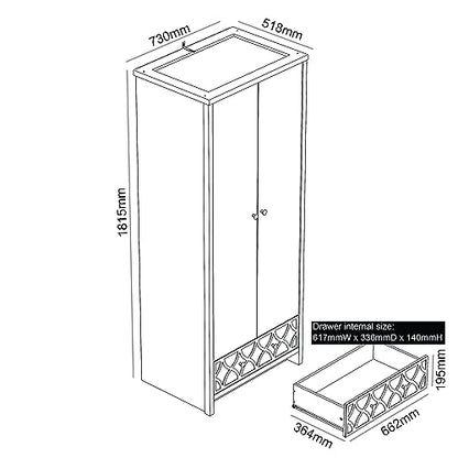 Galano Iris 2 Door 1 Drawer Wardrobe - Bedroom Furniture Unit with Hanging Rail Storage and Drawer, Wardrobe Storage Organizer - Grey