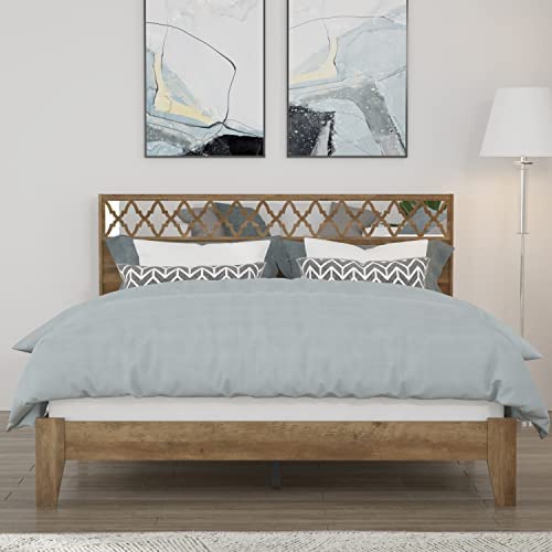 Galano Aideliz Queen Platform Bed Frame with Headboard and Wooden Slats Support, Mattress Foundation, No Box Spring Needed, 64.17" D x 85.31" W x 40.16" H, Knotty Oak