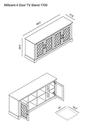 Galano Millicent TV-Ständer für Fernseher ab 65 Zoll, 29 Zoll hohes Highboy-Entertainment-Center mit Spiegeltür, rustikale Medienkonsole mit Ablageflächen, Fernsehständer aus Holz für das Wohnzimmer, elfenbeinfarbene, astgraue Eiche