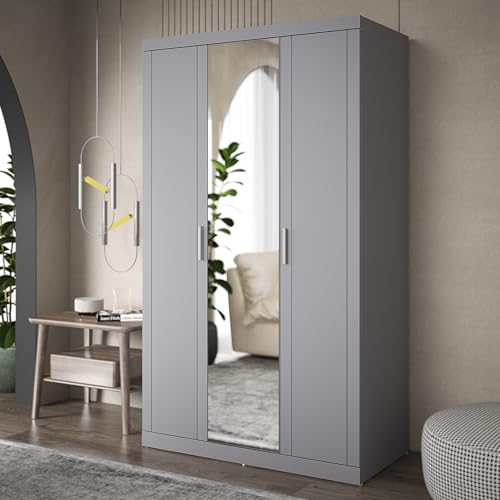 Galano Kimberley 3 Door Wardrobe with Mirror - Mirrored Stylish & Sturdy Wardrobe - Bedrrom Furniture with Hanging Rail Storage